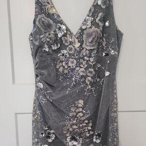 David Meister Gray Floral Sequin Midi Dress